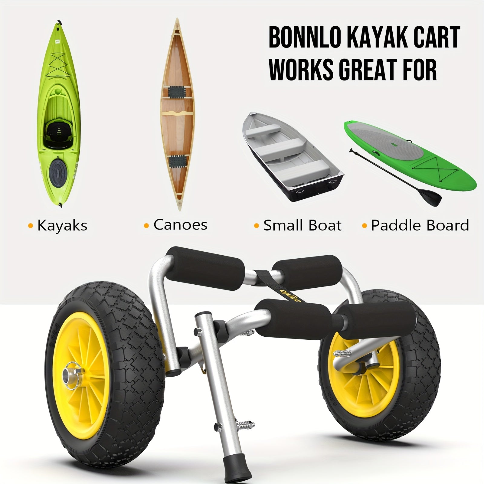 Bonnlo Portable Kayak Trolley Cart Collapsible Cast Aluminum Alloy with 10" Solid Wheels - Fits Canoes, Paddle Boards, Jon Boats, Float Mats & Watercraft Transport