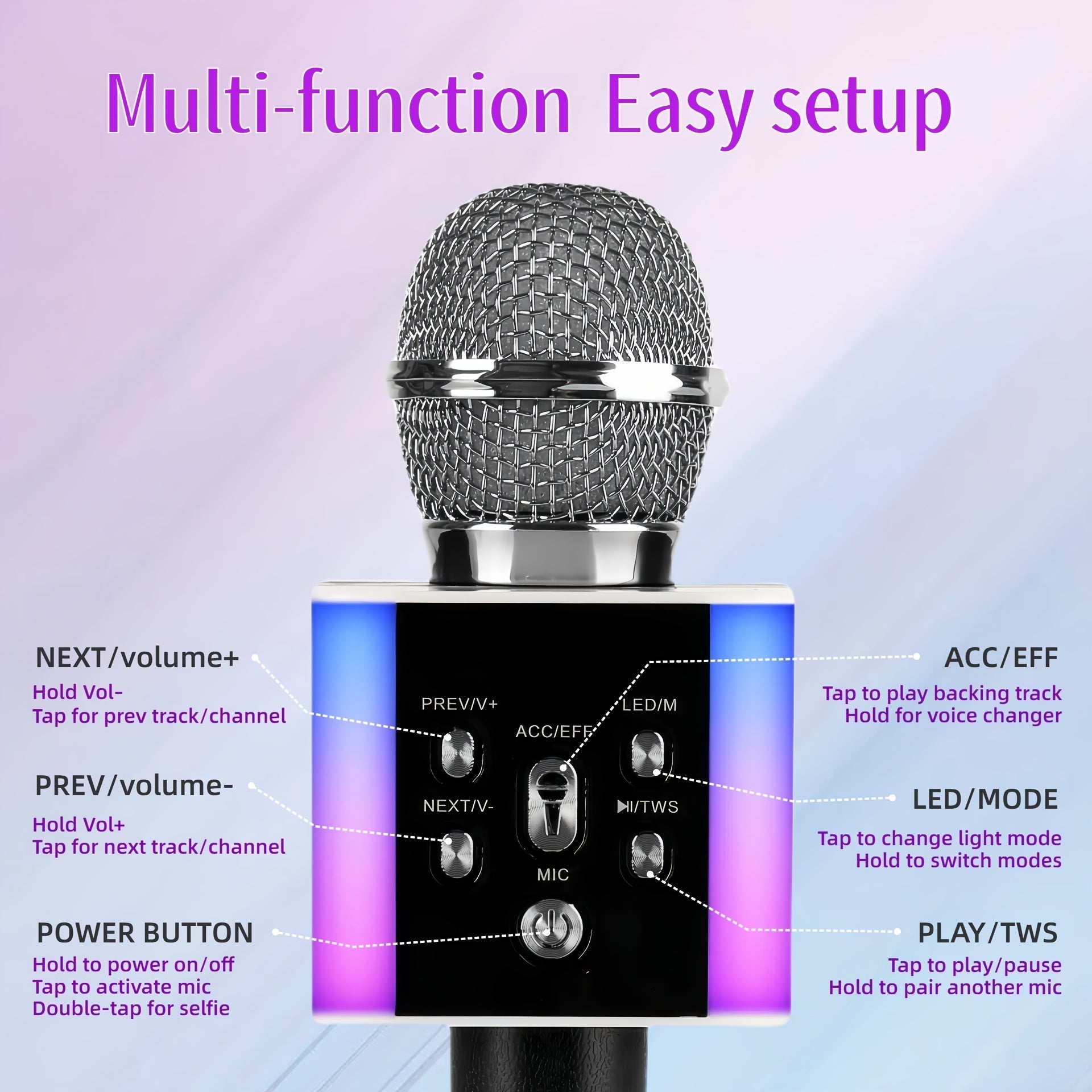 5-in-1 Wireless Karaoke Microphone with Built-In Speaker, LED Lights & Voice Changer – Portable Bluetooth Singing Mic for Parties, Family Gatherings, Travel & Outdoor Fun, 10 Colors