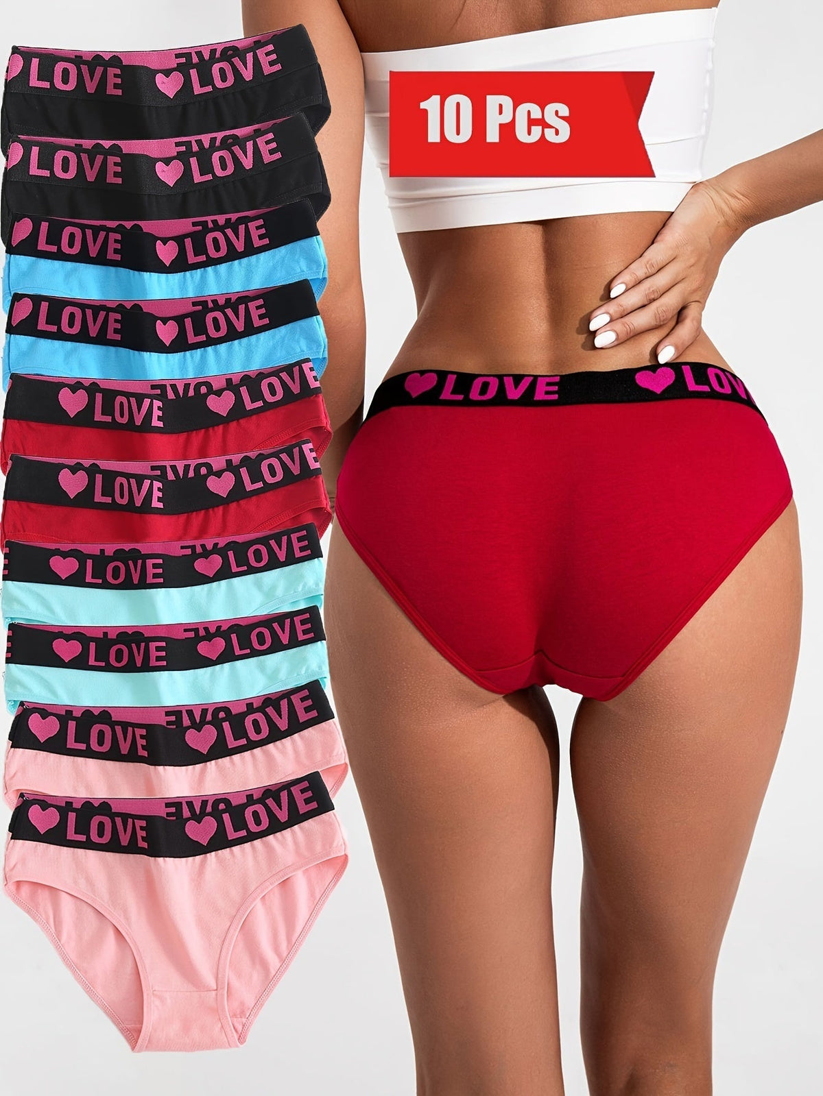 10-Pack Women's Cotton Panties Heart Print Breathable Soft Briefs Wide Waistband S-5XL Plus Size Ladies Underwear Mixed Colors