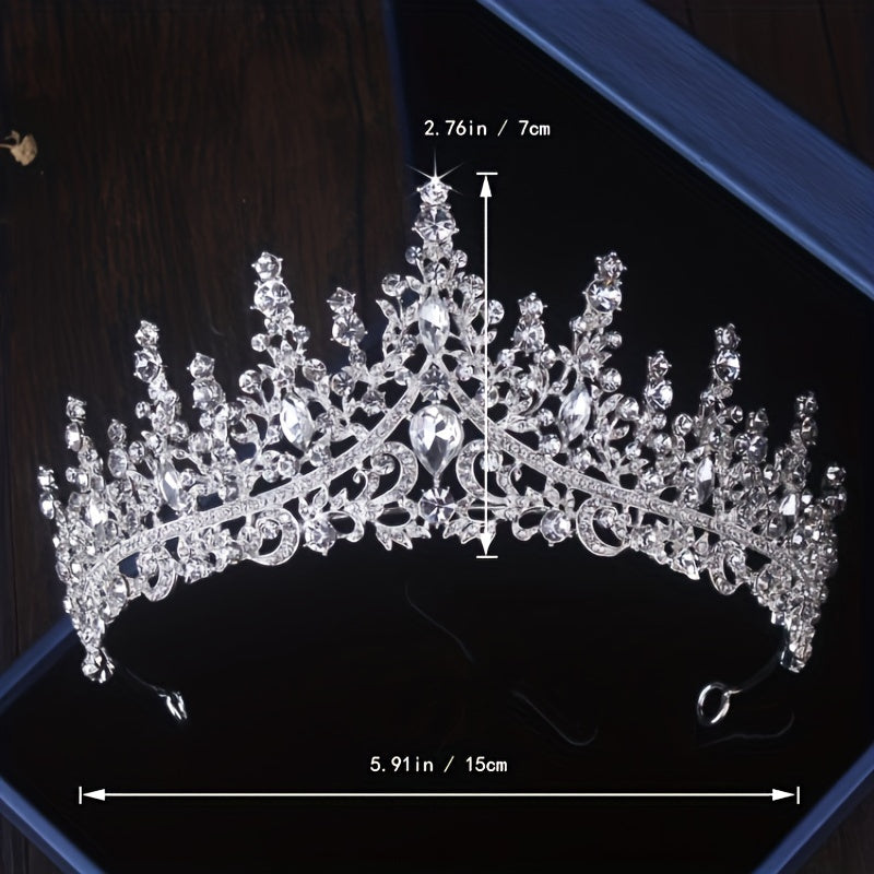 Bridal Jewelry Set 3 Pieces Silver Plated Crown Necklace & Earrings – Wedding Tiara Set for Bride Bridesmaid Prom Queen Birthday Banquet Quinceanera June Birthstone Gift for Women