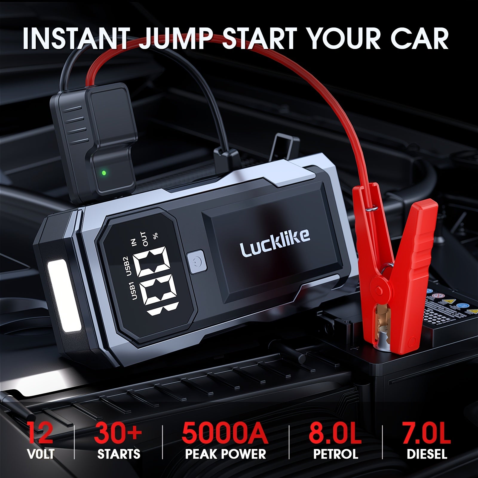5000A Portable Car Jump Starter & 12V Battery Charger – 3000A Peak, QC3.0 Quick Charge, Intelligent Jumper Cables, LED Light & Power Bank for Gas & Diesel Engines Up to 8.0L