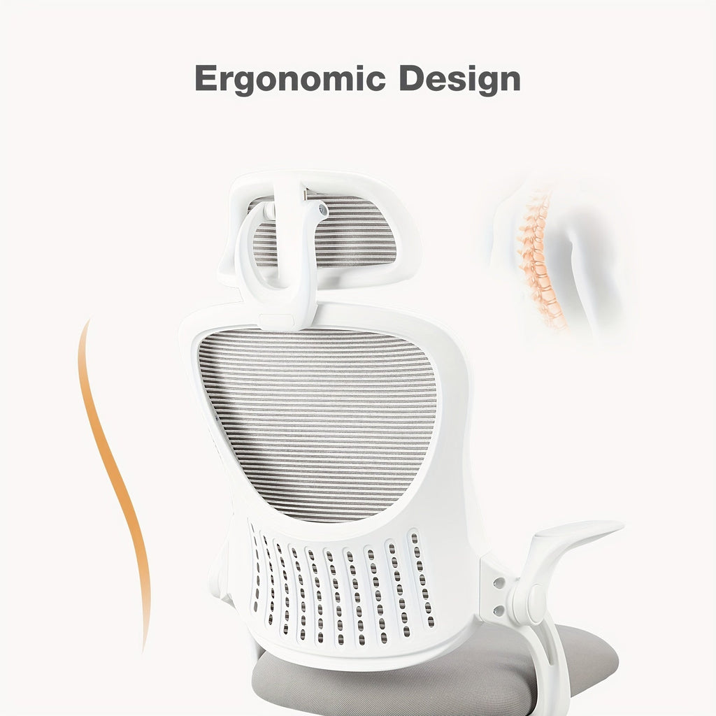 Ergonomic High-Back Mesh Office Chair with Flip-Up Arms Adjustable Headrest Lumbar Support & Wheels - Rolling Computer Desk Chair for Home Office Bedroom Study Pink Grey Black