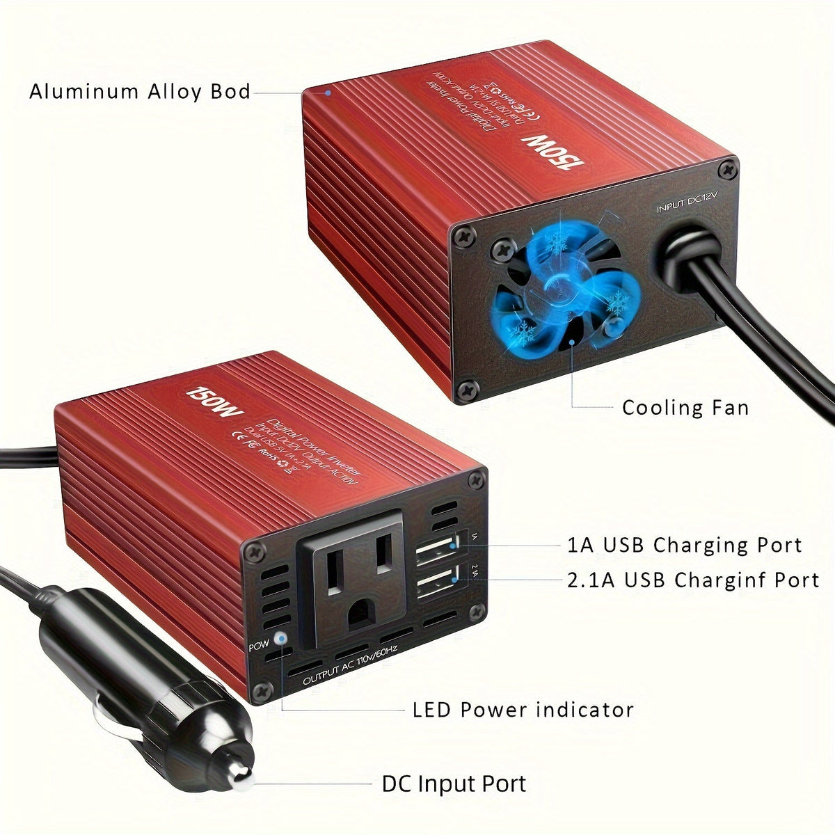 150W Car Power Inverter DC 12V to AC 110V Converter with Dual USB 3.1A Ports Vehicle Outlet Adapter Plug for Laptop Phone Tablet Camping Road Trip Travel Essentials