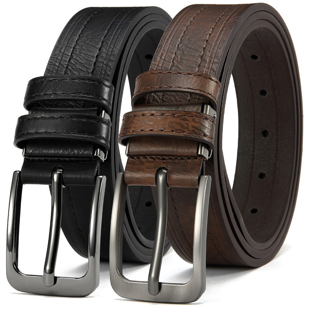 Genuine Cowhide Leather Belt for Men 2 Pack with Gift Box – Adjustable Pin Buckle Classic Vintage Jeans Belt Sizes 30–52 Inch, Perfect Father's Day Birthday Christmas Gift for Him