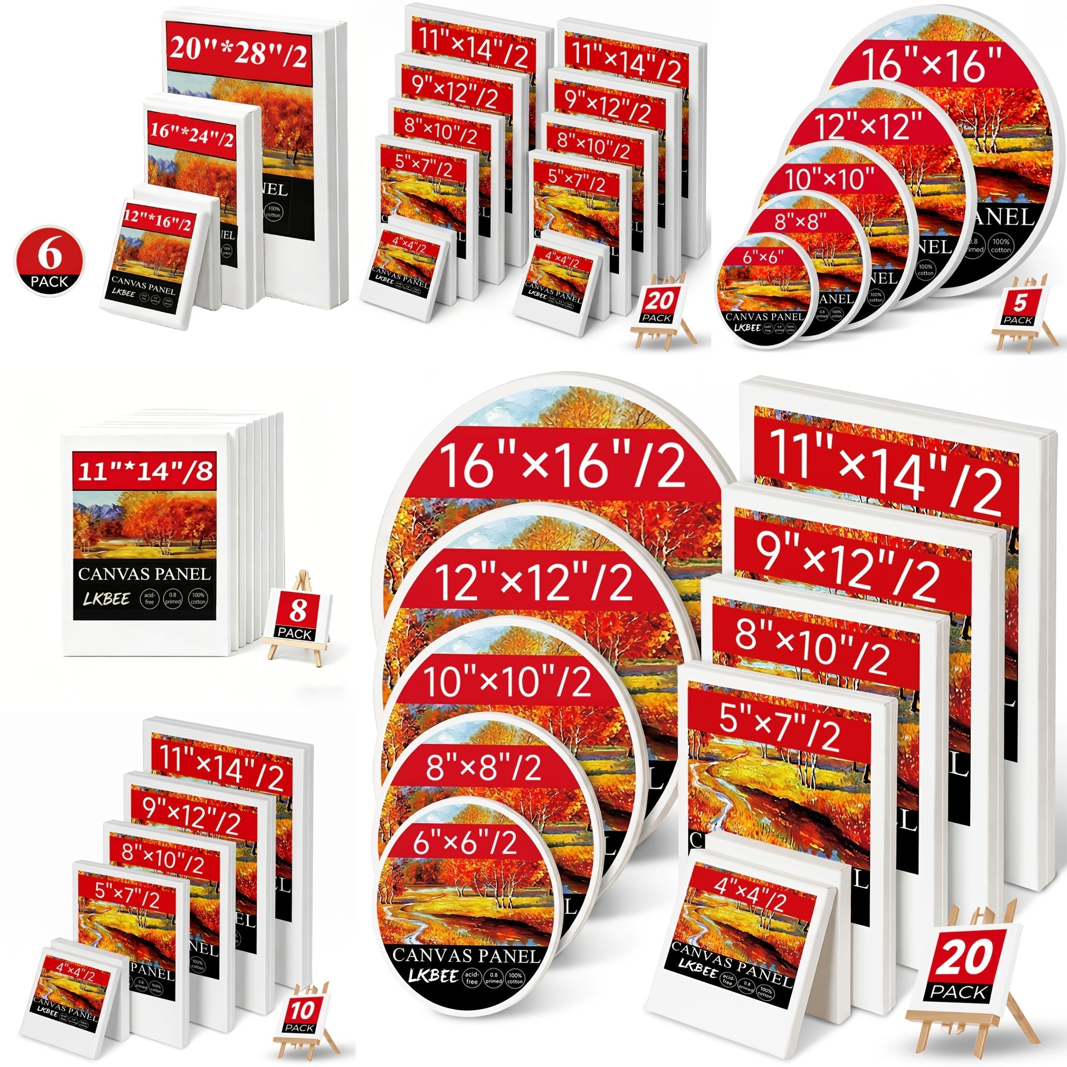 Stretched Canvas Board Set Round and Square Multi-Size Combo 5 to 20 Piece Packs – Pre-Primed Acid-Free Cotton Canvas for Acrylic Pouring Wet-on-Wet Oil Painting Mixed Media and Classroom Teaching