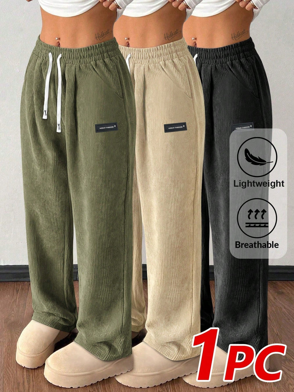 Women's Corduroy Straight Leg Pants Casual Drawstring Elastic Waist Vintage Pockets – Soft Breathable Fall Winter Trousers 6 Colors Khaki Black Blue Grey XS-XXL
