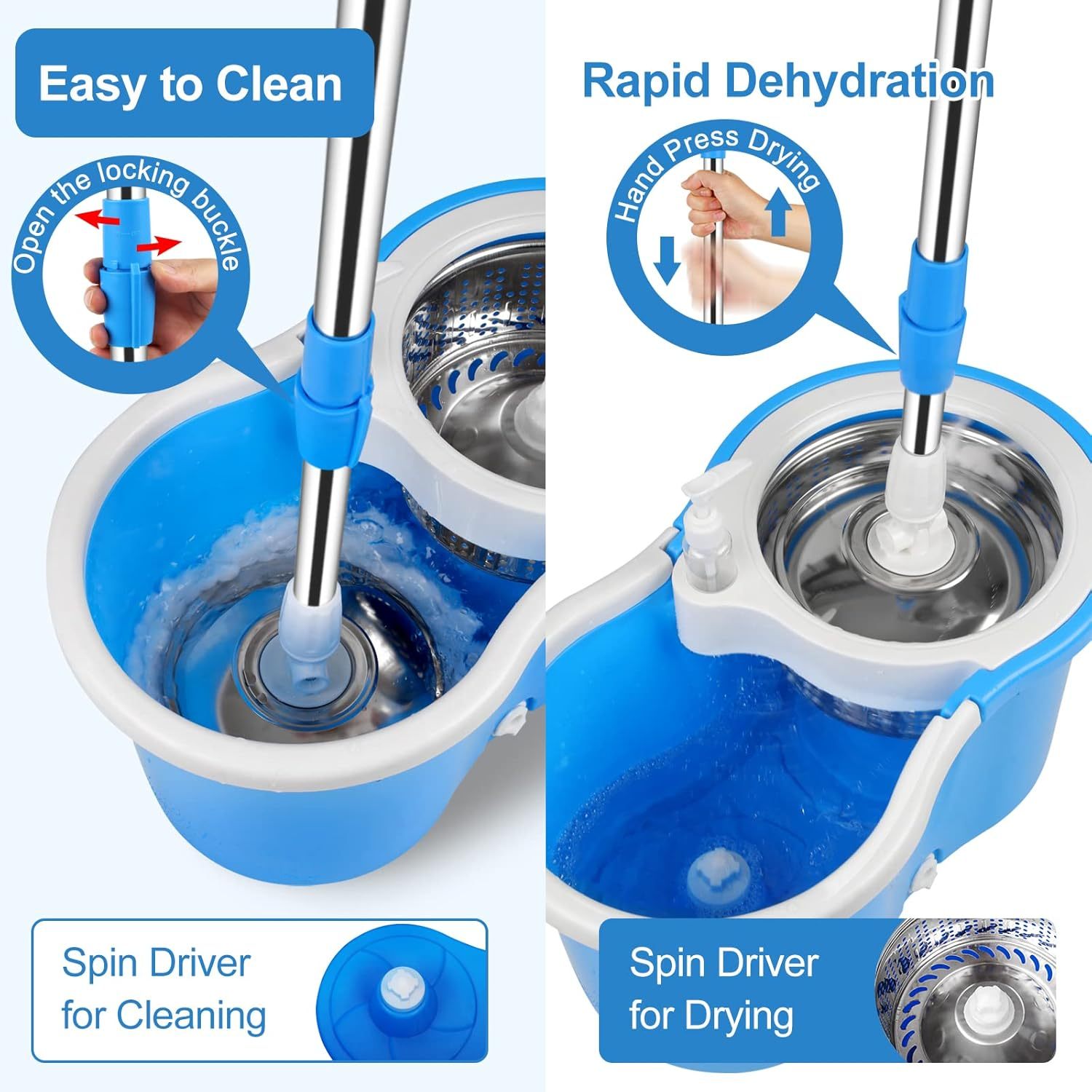 360° Spin Mop and Bucket Set with Wringer – Microfiber Mop Refills Stainless Steel Extended Handle Separate Compartment Floor Cleaning System for Hardwood Tile Laminate, Upgrade Option with 2 Refills