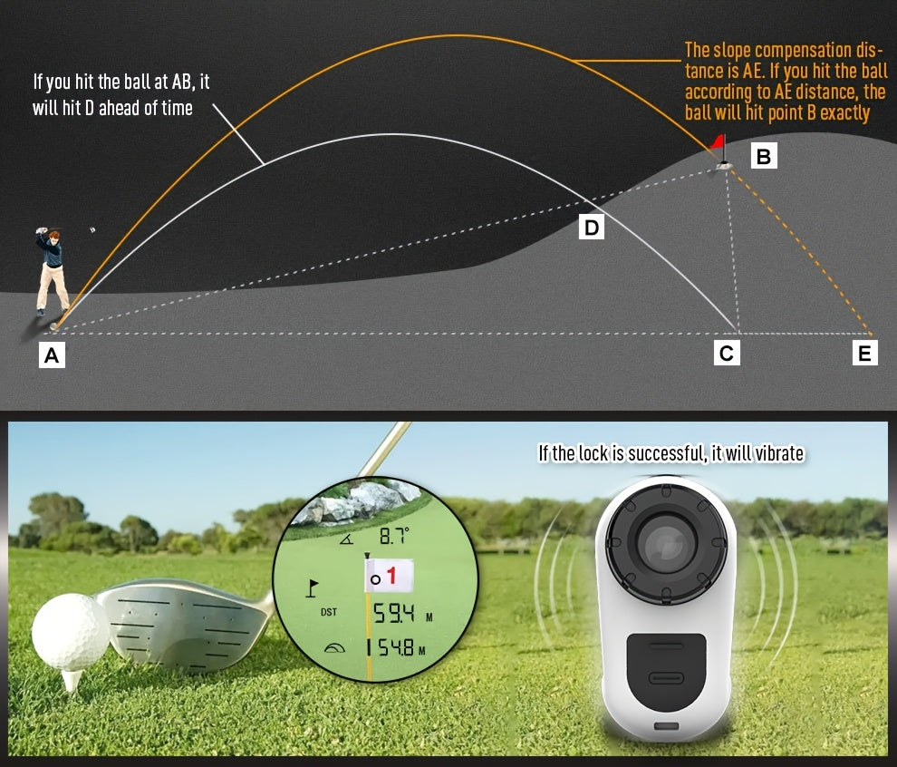 1200 Yard Laser Golf Rangefinder 6X Magnification Slope Switch Pulse Vibration Target Lock Trajectory Compensation Type-C Rechargeable for Golf and Hunting