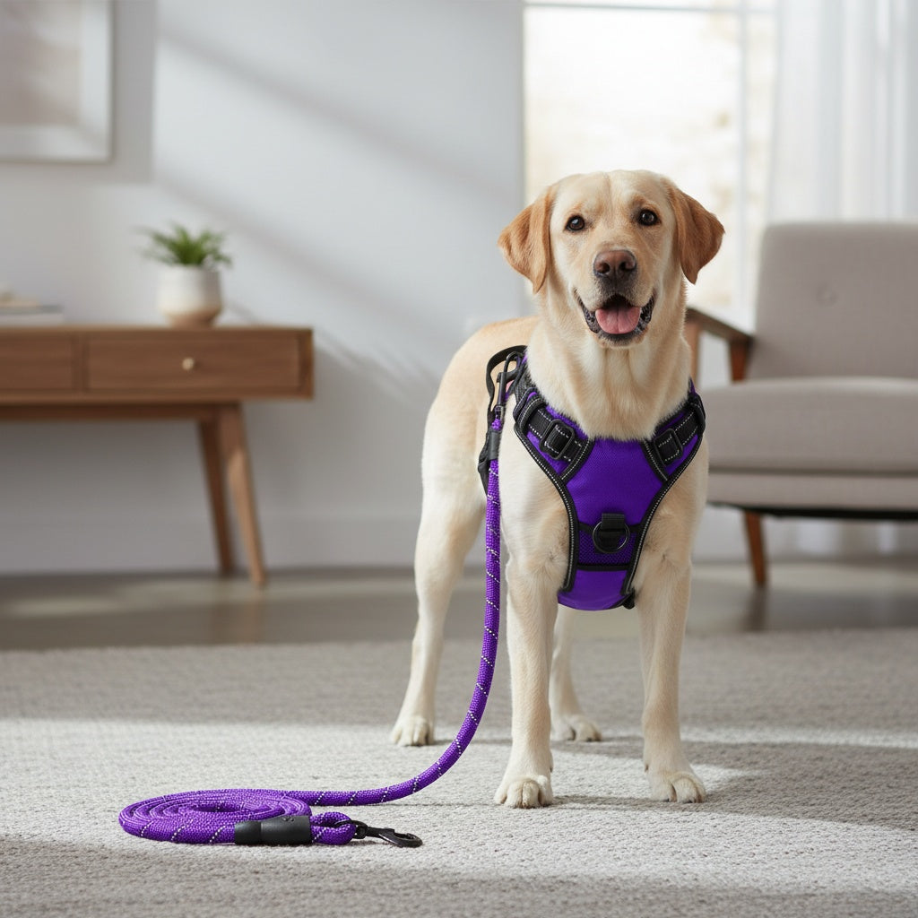 No Pull Dog Harness and Leash Set Adjustable Reflective Oxford Vest 5-Foot Padded Handle Rope Medium Large Dogs Quick-Release Buckles Sizes S M L XL 5 Colors Black Purple Blue Red
