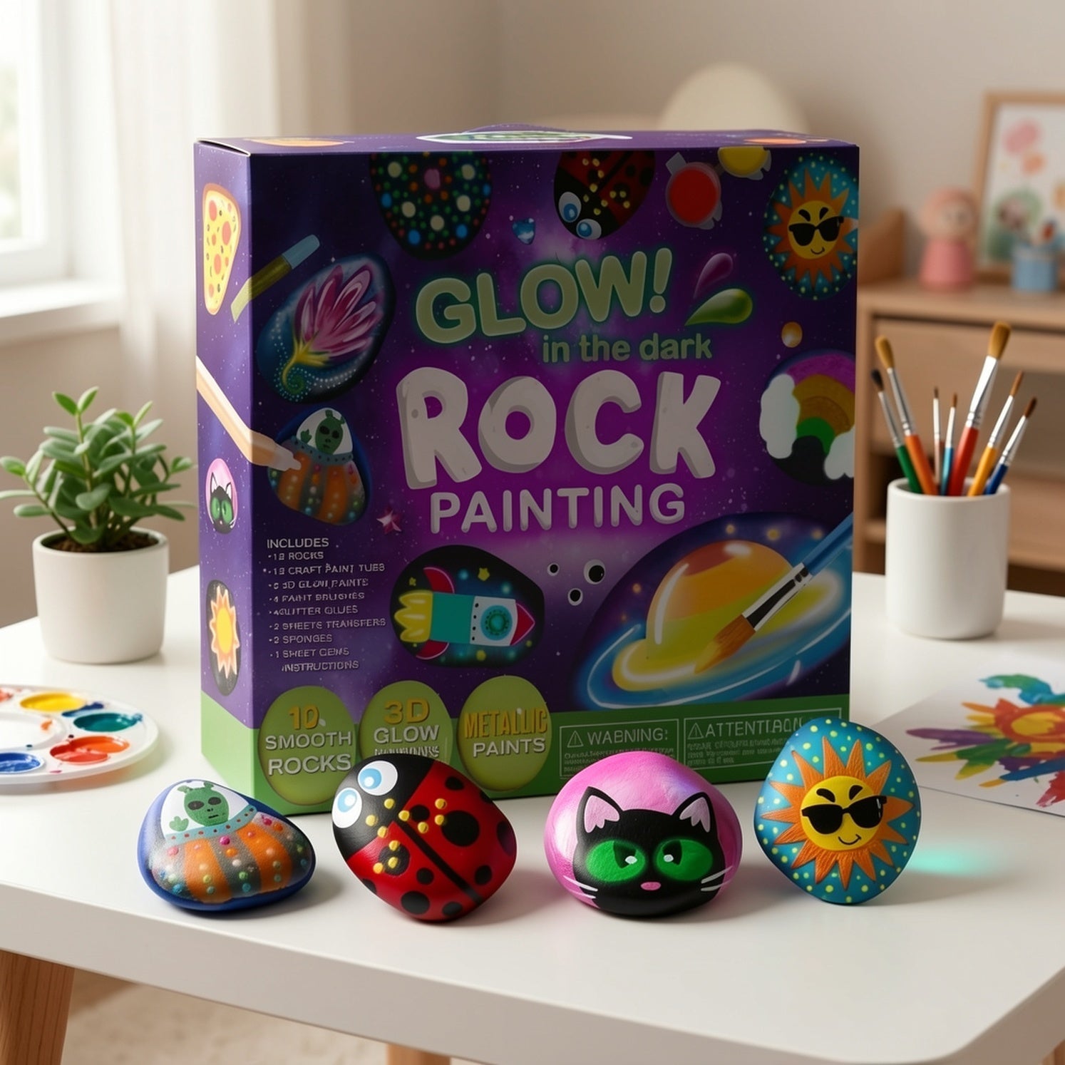 Glow in the Dark Stone Painting Kit for Kids – DIY Rock Art Craft Set with Luminescent Paint, Creative Outdoor Indoor Activity Gift for Boys Girls Birthday Party, Graffiti Painting Toy