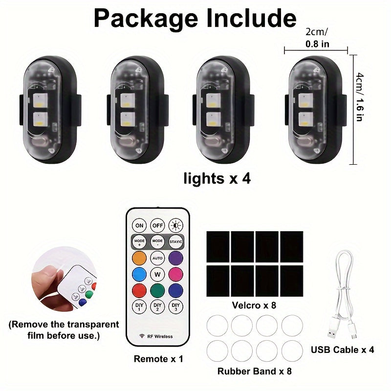 Wireless LED Strip Lights 8 Color Anti-Collision Warning Light Remote Control USB Rechargeable Waterproof for Car Motorcycle Drone Bicycle Night Visibility Safety 4-Pack 6-Pack
