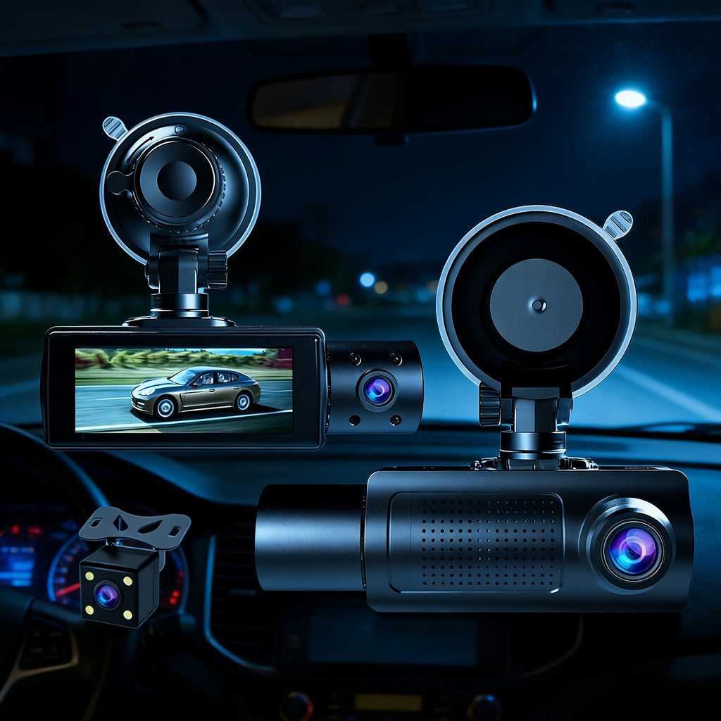 3-Channel Dash Cam with Infrared Night Vision & Smartphone App – Front, Rear & Interior Car Camera with Loop Recording, Wide Angle Lens, Optional 64GB/512GB Memory Card for Cars, Trucks & Rideshare