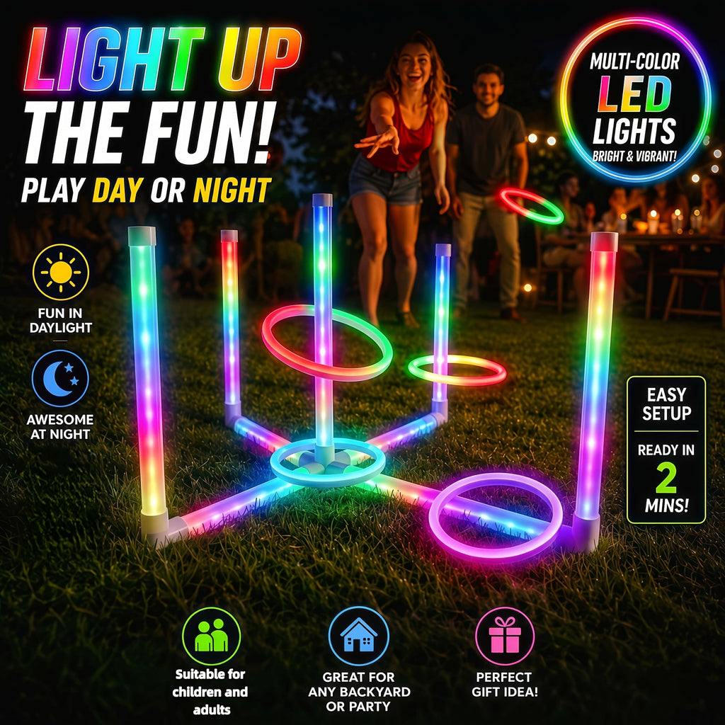 Multi-Color LED Ring Toss Game Set for Day & Night Play – Multiplayer Interactive Outdoor Lawn Game for Backyard, Beach & Camping, Family Birthday Holiday Gift for Kids & Adults