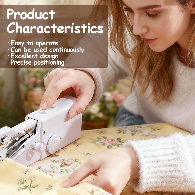 Compact Handheld Sewing Machine Kit Portable Battery Powered – Quick Repair Tool with Needles Bobbins Thread Spool Needle Threader and Fabric Sample for Clothes Garments Curtains and DIY Sewing Projects – White or Black