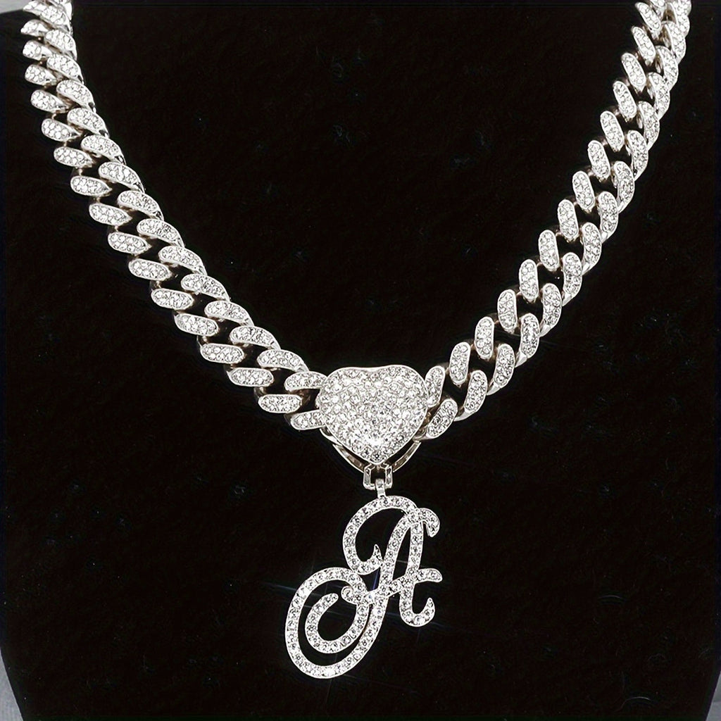 Initial Letter Necklace for Men & Women – Personalized A-Z Silver Cuban Chain with Heart Pendant, Hip Hop Style, 45cm / 17.71in, Perfect Gift for Sports Fans, Birthdays & Everyday Wear