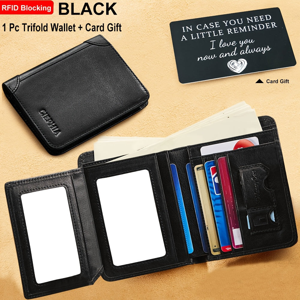 RFID Blocking Genuine Leather Wallet Men Trifold Cowhide Vintage 9 Card Slots 2 ID Windows Money Clip Cash Slots Father's Day Birthday Gift for Dad Husband Brown Black Blue