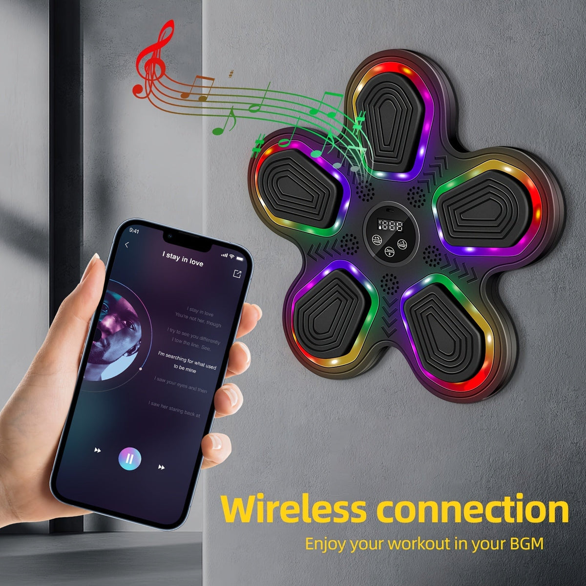 Smart Music Boxing Machine with Gloves – Wall Mount, LED Rhythm Lighting, Bluetooth, 9 Speed Modes, Intelligent LED Strike Counter, Home Gym Fitness Gift for Adults & Teens