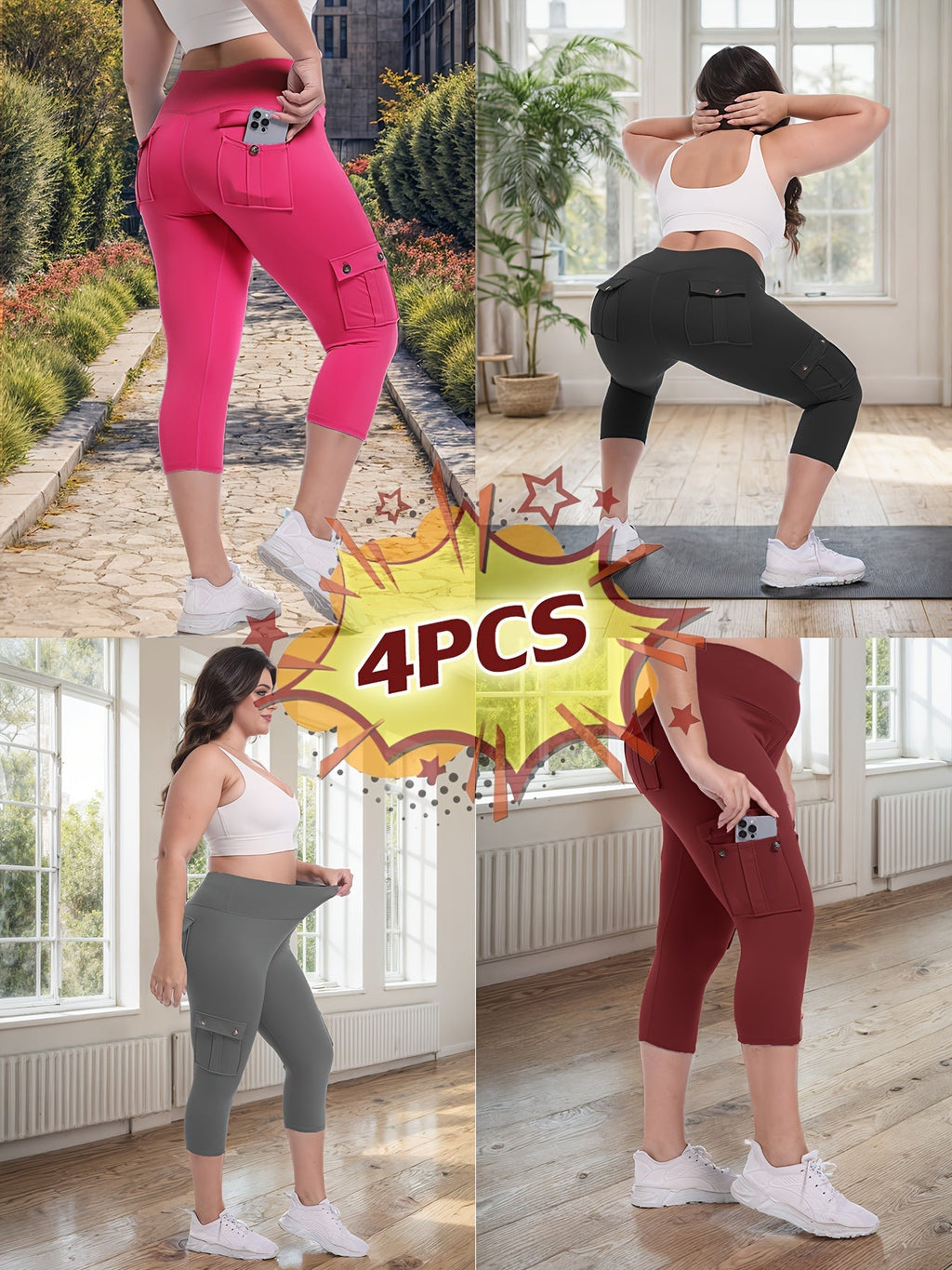 Women's High Waist Yoga Capri Pants 4-Pack 4-Way Stretch Butt Lifting Tummy Control 4 Pockets - Workout Running Sports Leggings S-XXL All Season