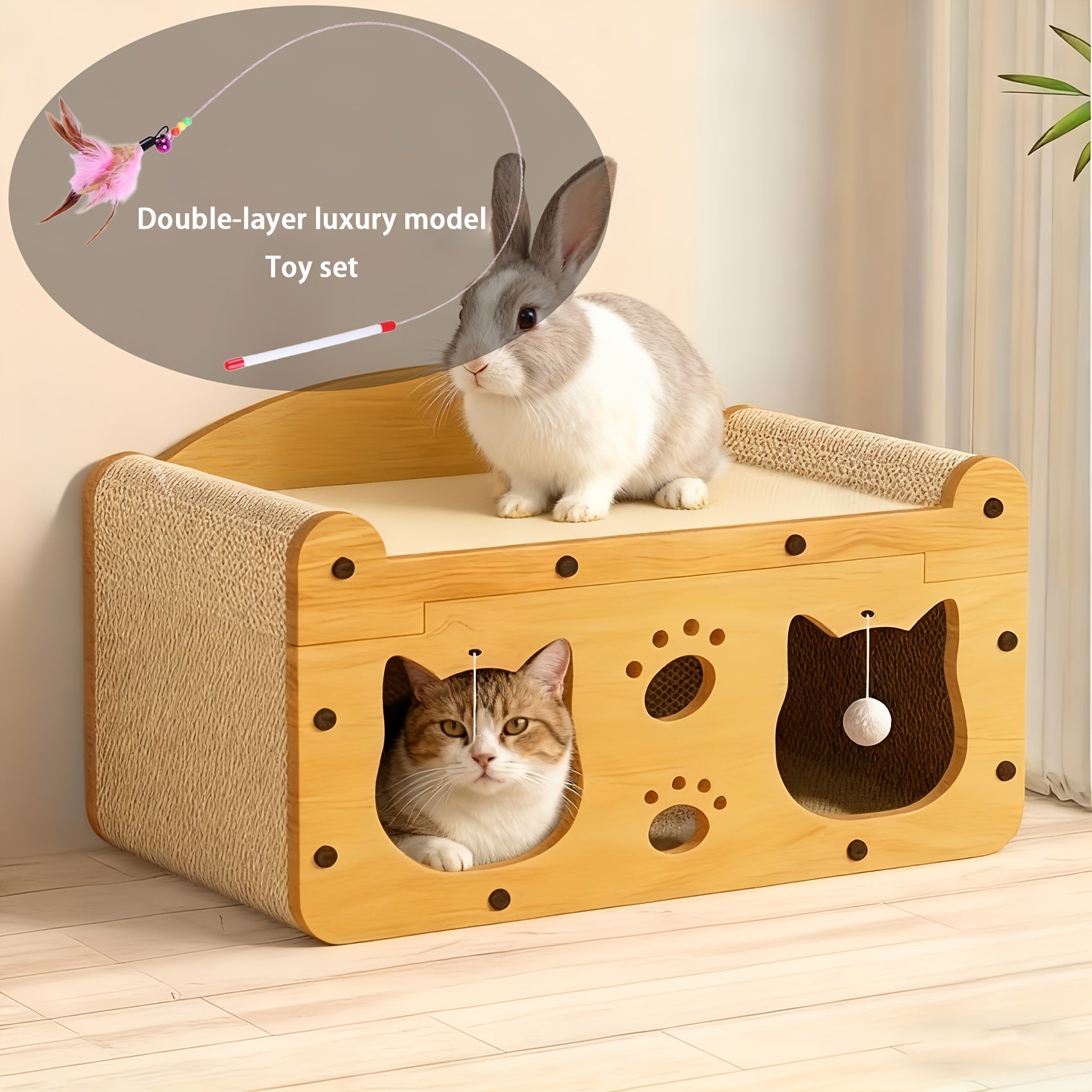 Cardboard Cat Scratching House – Durable Hideout & Bed with Feather Wand Toy, Ventilated Indoor Cat Scratcher, Available in 17.7" & 22" Sizes