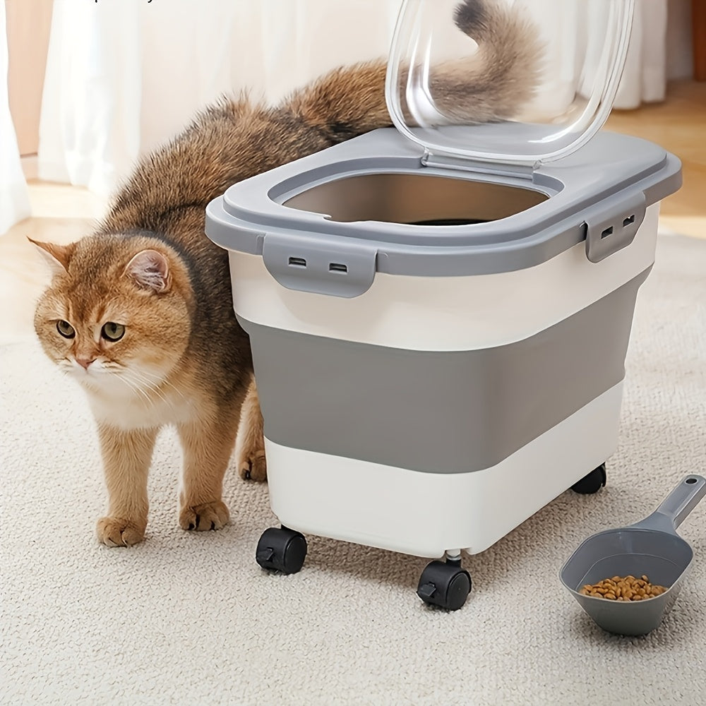 Large Airtight Pet Food Storage Container with Wheels – Moisture & Insect Resistant Sealed Bin with Measuring Cup & Foldable Design for Cat & Dog Dry Food, Off-White Green Pink