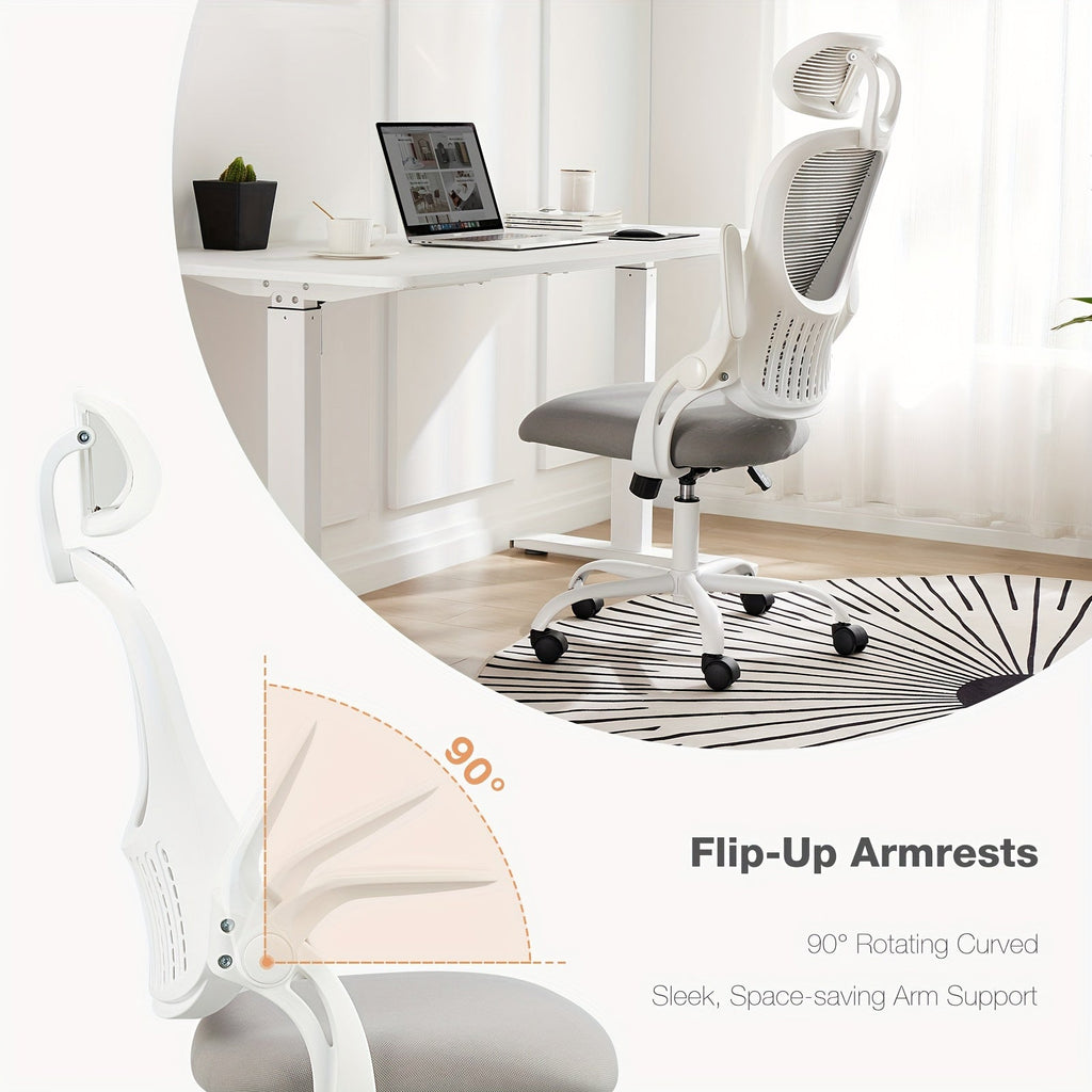 Ergonomic High-Back Mesh Office Chair with Flip-Up Arms Adjustable Headrest Lumbar Support & Wheels - Rolling Computer Desk Chair for Home Office Bedroom Study Pink Grey Black