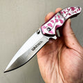 Folding Pocket Knife 7 Inch Hearts Engraved 3Cr13 Steel Blade – EDC Knife Aluminum Heart Handle Belt Clip Stylish Everyday Carry for Camping Hiking Collecting Gift 5 Colors Rosy Pink Red Lavender Blue Rose