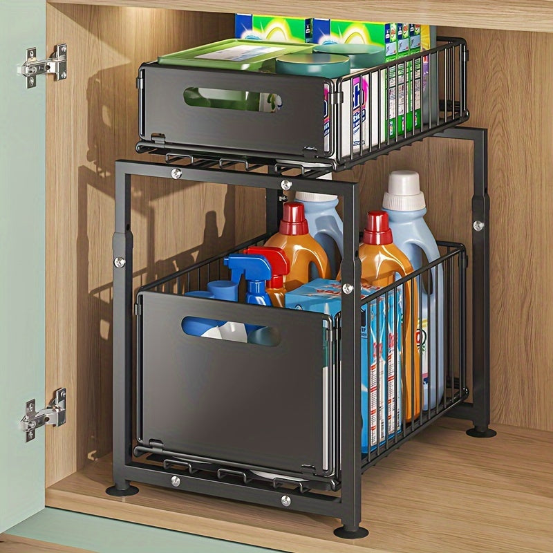 Under Sink Organizer 2-Tier Pull-Out Cabinet Shelf with Adjustable Height, Sturdy Carbon Steel Kitchen Storage Rack, Space-Saving Bathroom & Pantry Cabinet Organizer for Kitchen Organization
