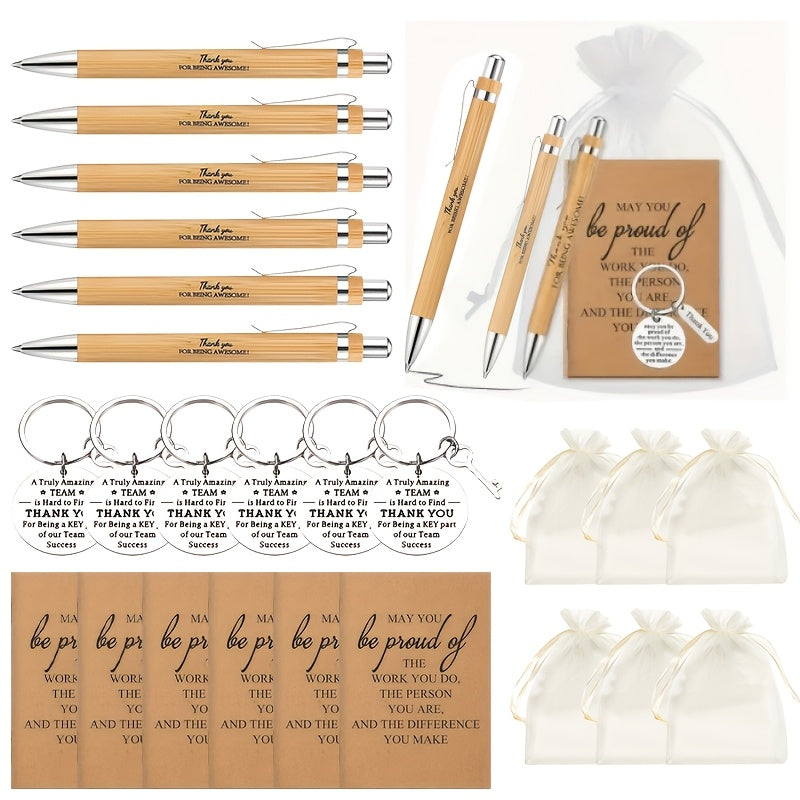 24 Piece Inspirational Gift Set Bulk Bamboo Retractable Pen Keychain Gratitude Notebook Gift Bag Appreciation Gifts for Employees Teachers Coworkers Holiday