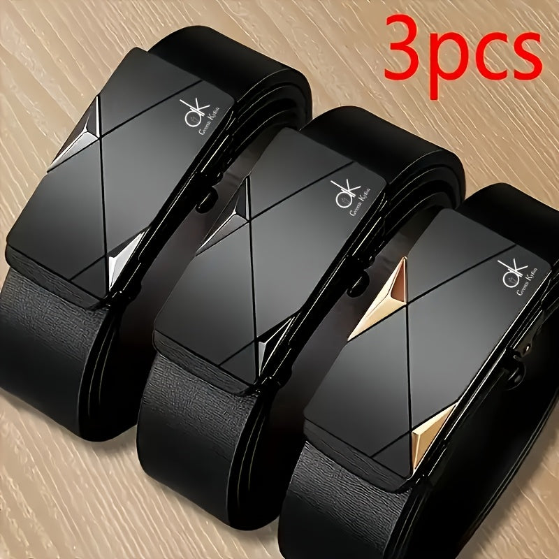 3 Pack Men's Genuine Cowhide Leather Belt Set with Automatic Alloy Buckle – Business Casual Dress Belts for Men, Adjustable & Durable, Great Gift for Him