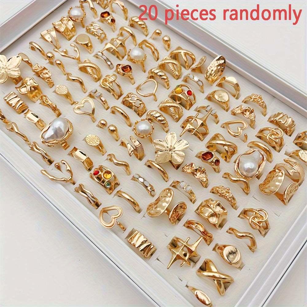 20pcs Women's Ring Set Gold – Flower Hollow Heart Colorful Rhinestone Stackable Vintage Party Rings Mixed Lot Jewelry Gift for Women Girls