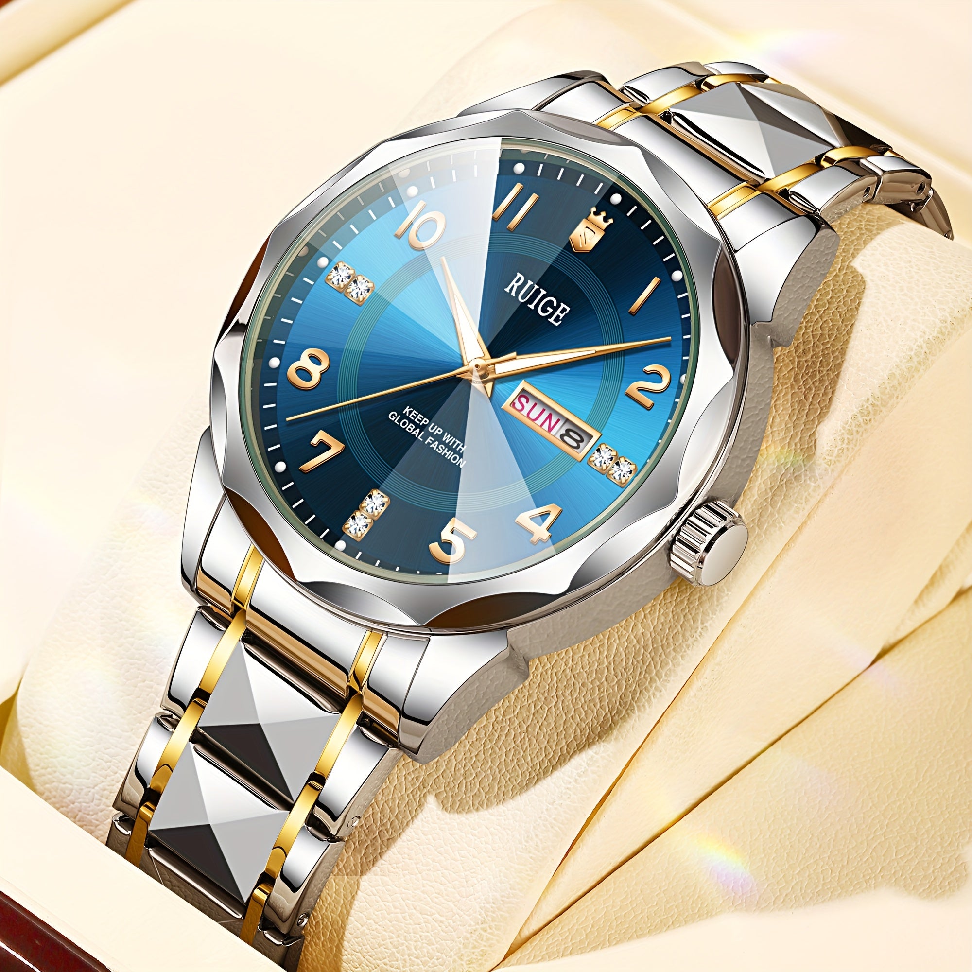 RUIGE Men's Fashion Quartz Watch – Night Light, Dual Calendar, Diamond Shaped Mirror Dial, Stainless Steel Case, Alloy Strap, Business Casual Wristwatch, Perfect Father's Day Gift for Men
