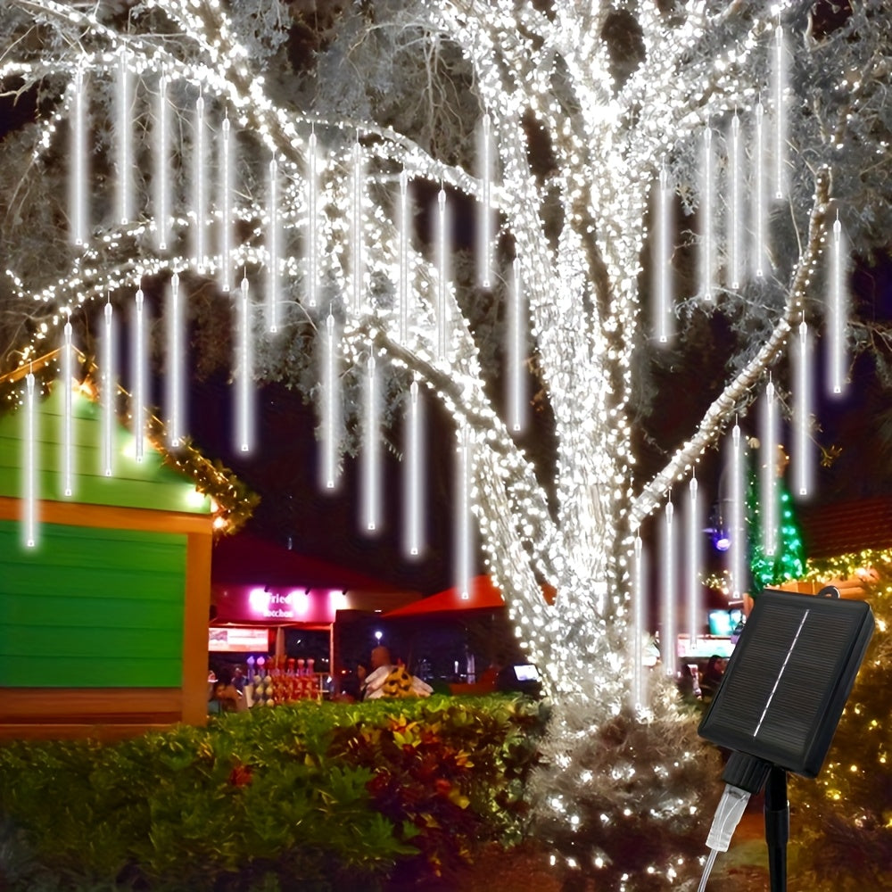 Solar Meteor Shower String Lights 192 LED Outdoor Waterproof - Flower Theme 8 Modes Fairy Lights for Garden Patio Tree Christmas Halloween Independence Day Warm White Multi-Color Blue