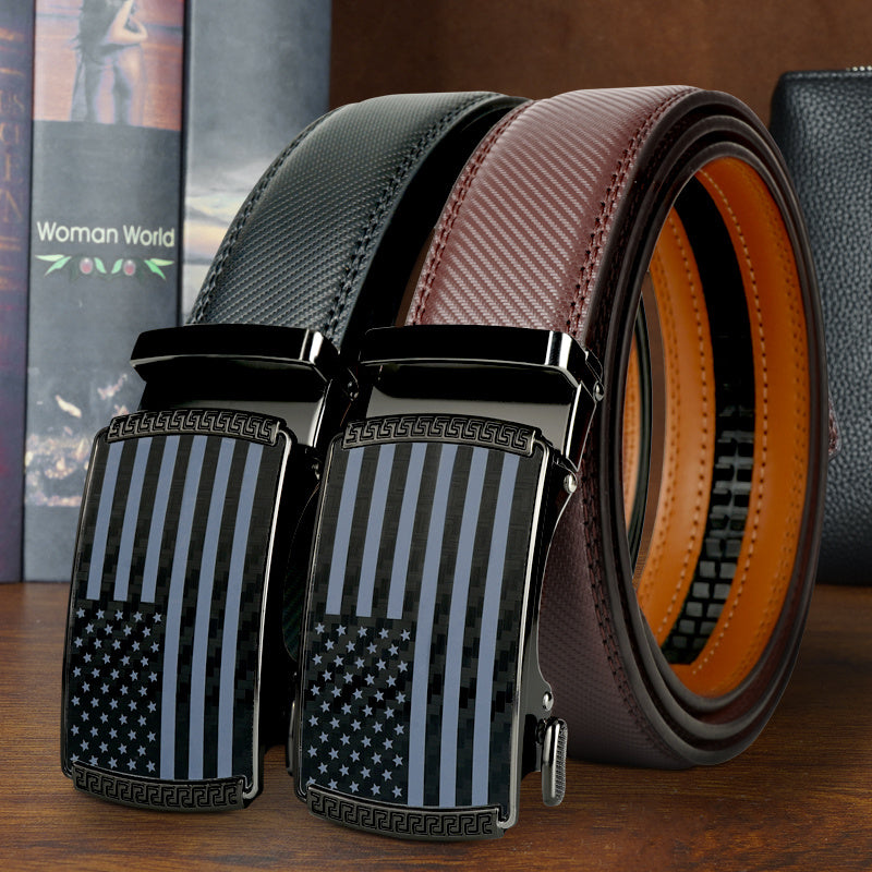 Set of 2 Men's Split Leather Ratchet Belts – American Flag Design with Automatic Slide Alloy Buckle, Adjustable Golf & Casual Dress Belts in Black & Brown, Sizes 110cm to 130cm (Waist 30"-44")