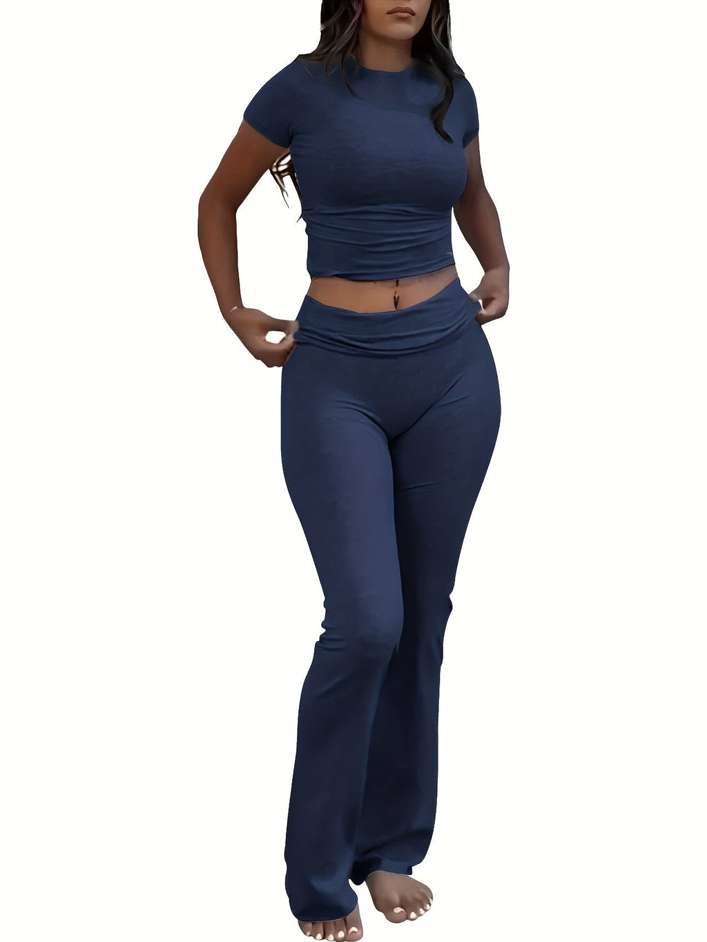 Women's Two-Piece Outfit Set Slim Fit Crew Neck Short Sleeve Tee & Skinny Flared Leg Pants – Casual Solid Color Matching Loungewear Tracksuit 9 Colors XS-XL