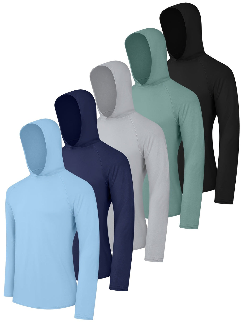 5 Pack Men's Long Sleeve Hooded Fishing Shirts UPF Sun Protection – Lightweight Moisture-Wicking Rash Guard for Fishing Hiking Kayaking Boating Outdoor Sports, Sizes S-XXL, 3 Mixed Color Sets