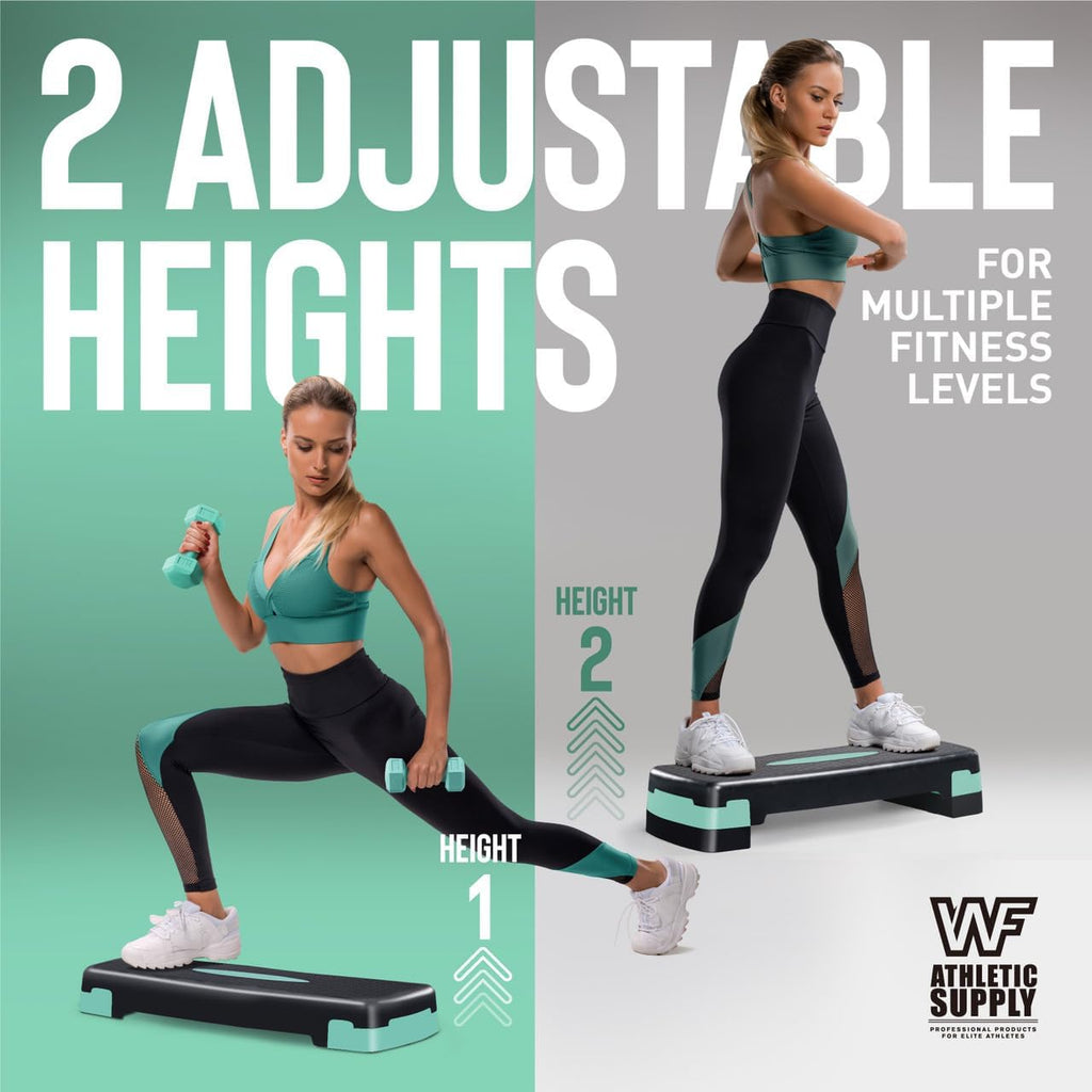 Adjustable Height Aerobic Stepper Set with 2 Dumbbells & Measuring Tape – Home Workout Exercise Step Platform with Level Risers, Non-Slip, 550 LB Capacity, 3 Colors Blue Green Pink