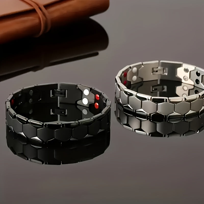Men's Titanium Alloy Hexagonal Wide Bracelet 2-Piece Set – Hypoallergenic Water-Resistant Snap Ring Wristband Bold Geometric Fashion Jewelry Gift for Men Black Silver Gold