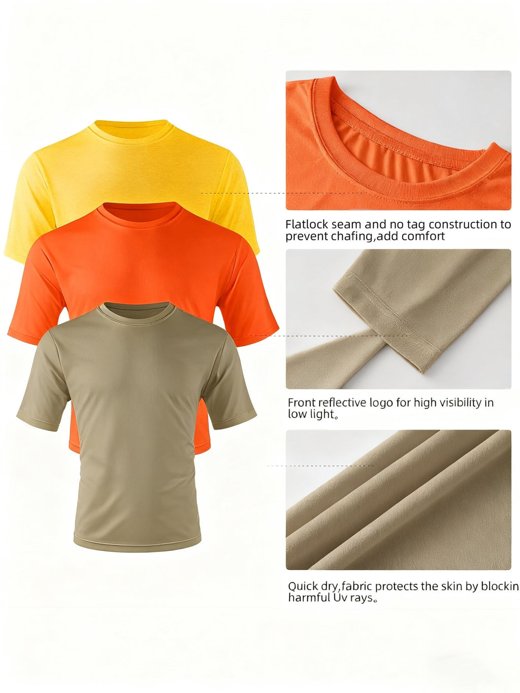 Men's UPF 50+ Quick-Dry T-Shirts 3-Pack – Moisture-Wicking Crew Neck Short Sleeve Athletic Tees Khaki Orange Yellow S-3XL for Swimming Beach Outdoor Sports Fishing Hiking