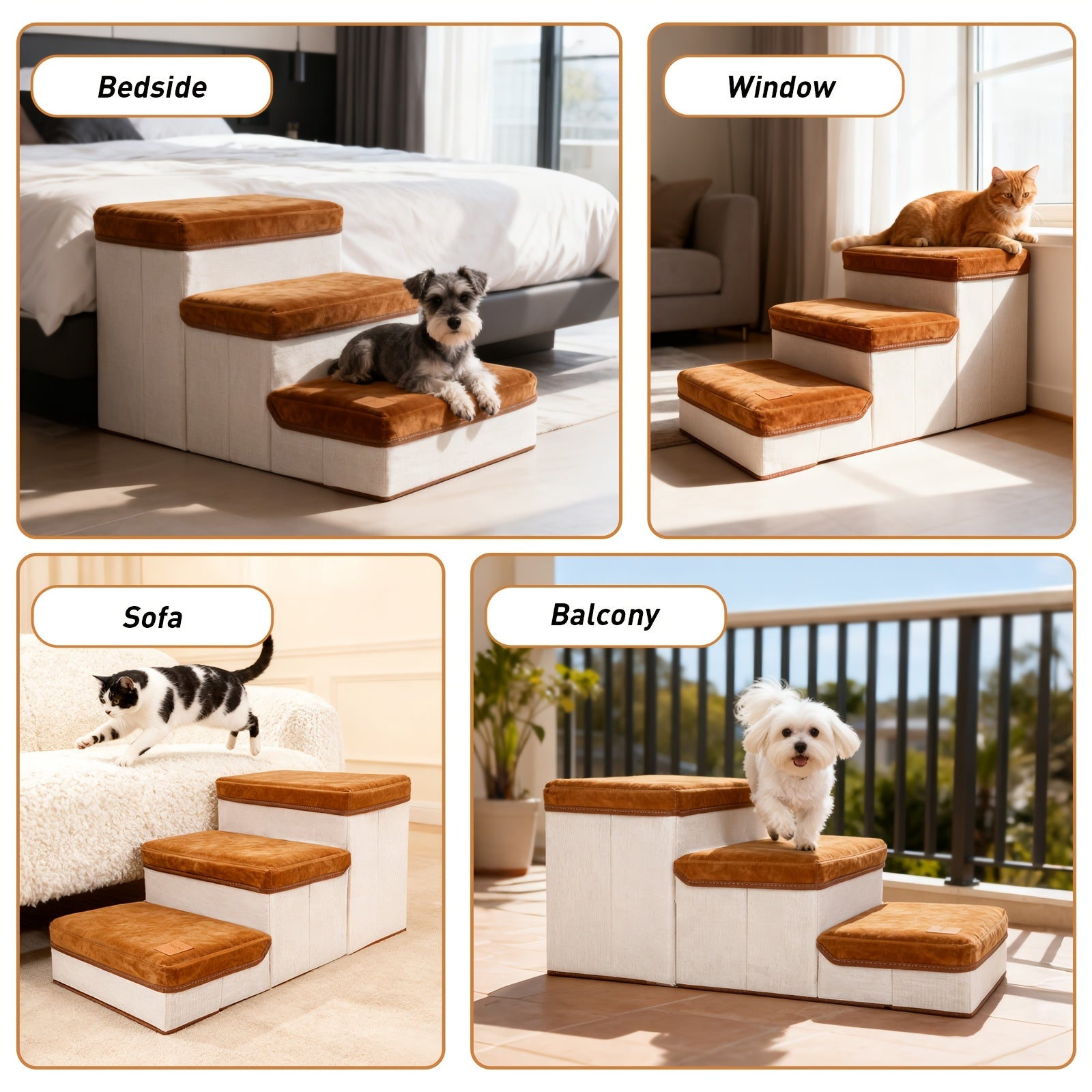 3-Tier Foldable Dog Stairs for Small Dogs Non-Slip Nylon Pet Ramp for High Beds Sofas Compact Foldable Brown White Includes Bonus Plush Toy