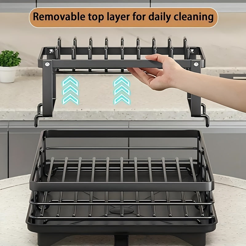2-Tier Dish Drying Rack Kitchen Counter Drainboard Drain Mat Knife Fork Cup Holder Utensil Organizer Dish Drainer Kitchen Gadget Gift for Women Mother's Day Black Gray White