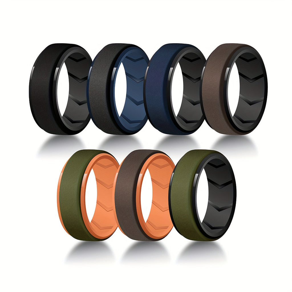 Silicone Wedding Rings for Men 7 Pack 8mm Wide Breathable Step Edge Sport Bands – Flexible Workout Fitness Ring Set Durable Multi-Color Active Lifestyle Jewelry Sizes 7-14