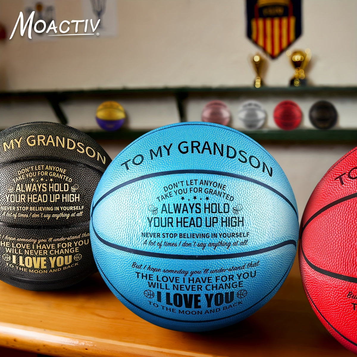 Personalized Engraved Basketball for Grandson & Son – Inspirational Motivational Size 7 PU Basketball with Air Pump, Heartfelt Birthday Christmas Anniversary Gift, Blue Red Gold Black