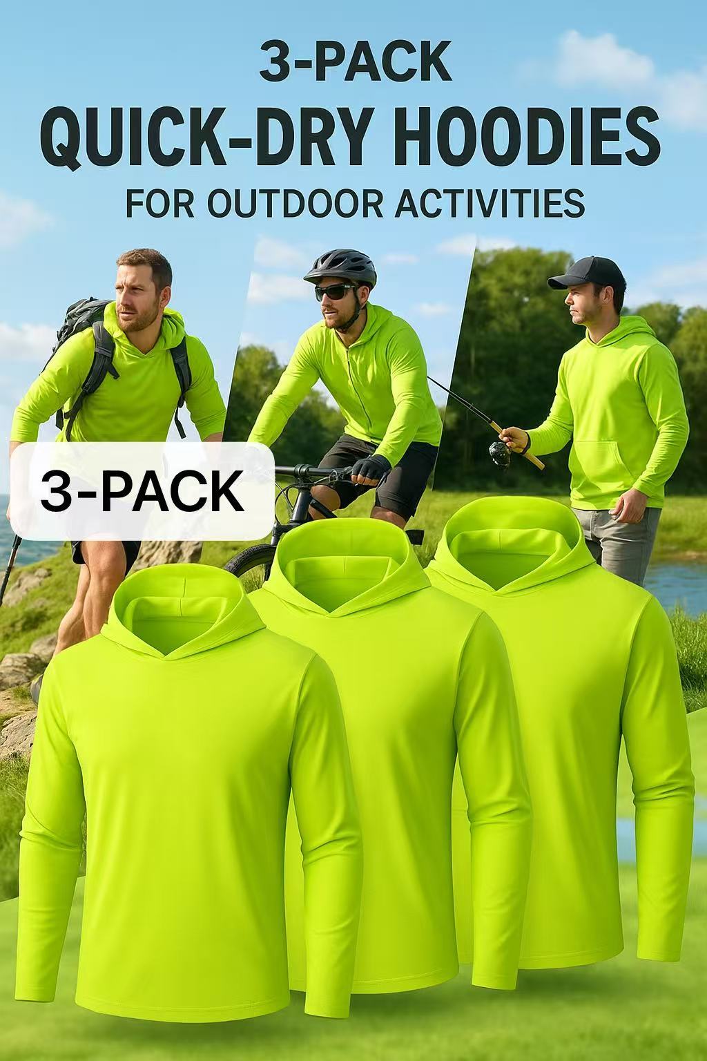 Men's UPF 50+ Sun Protection Hoodie Shirt 3-Pack Long Sleeve Moisture-Wicking Quick-Dry Breathable Outdoor Performance T-Shirt for Hiking Fishing Running – Sizes S to XXXL, Fluorescent Yellow