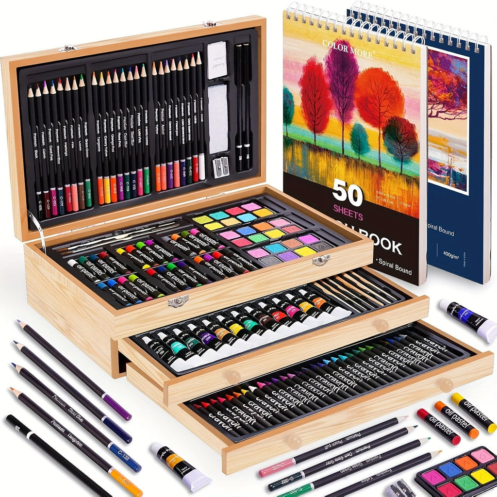 175-Piece Deluxe Art Set in Wooden Case – Professional Art Kit with 2 Drawing Pads, Crayons, Acrylic Paints & Colored Pencils, All-in-One Paint Supplies Gift for Kids & Adults, Cherry Pink Purple Blue Wood Brown