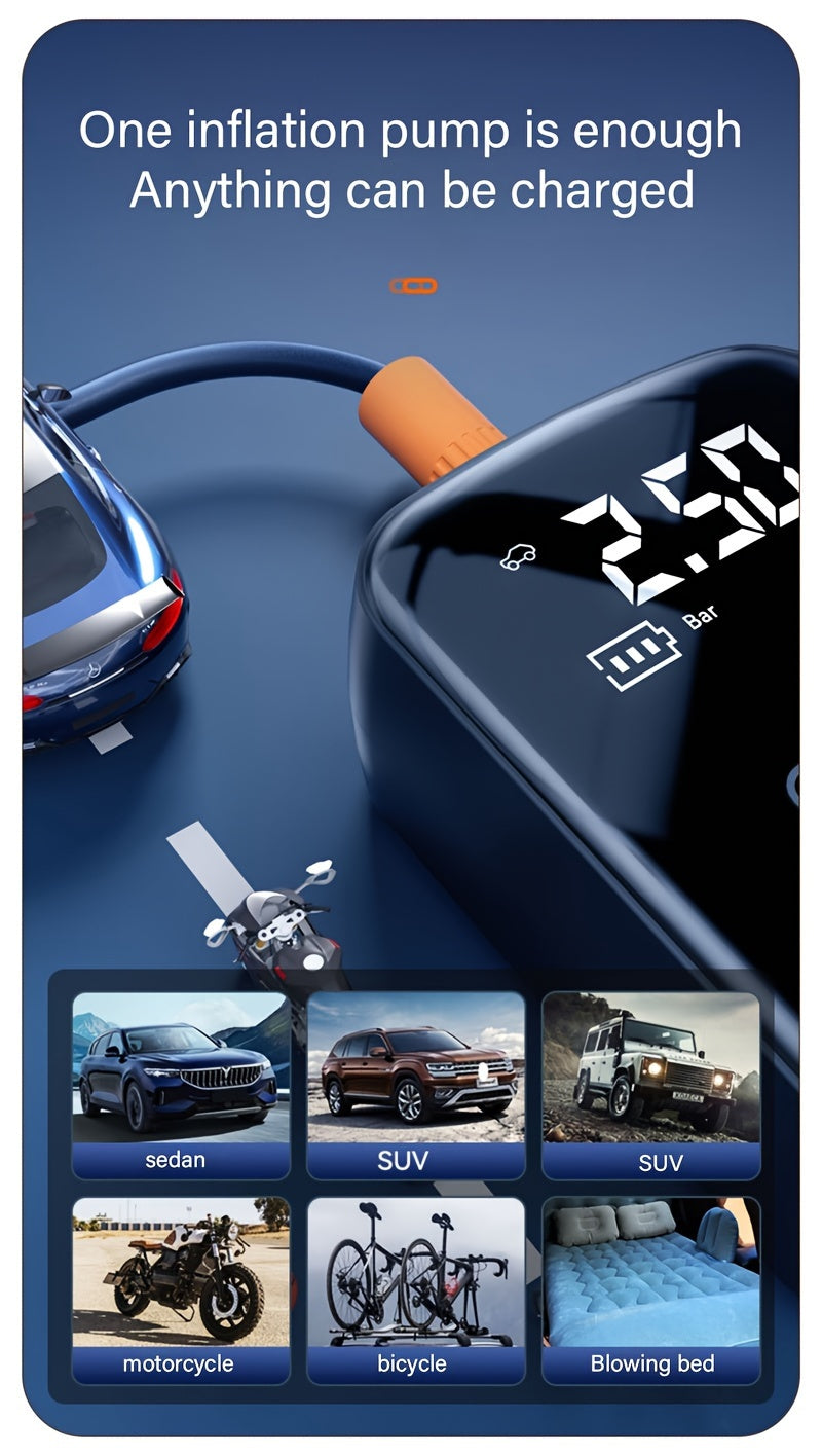 Portable Cordless Tire Inflator 150PSI Digital Display USB-C Rechargeable 4000mAh 100W Fast Inflation 5 Preset Modes LED Light for Car Motorcycle Bike Ball Auto Stop 4 Colors