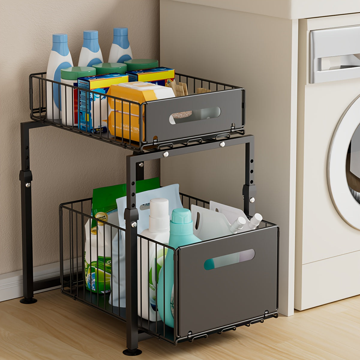 Under Sink Organizer 2-Tier Pull-Out Cabinet Shelf with Adjustable Height, Sturdy Carbon Steel Kitchen Storage Rack, Space-Saving Bathroom & Pantry Cabinet Organizer for Kitchen Organization