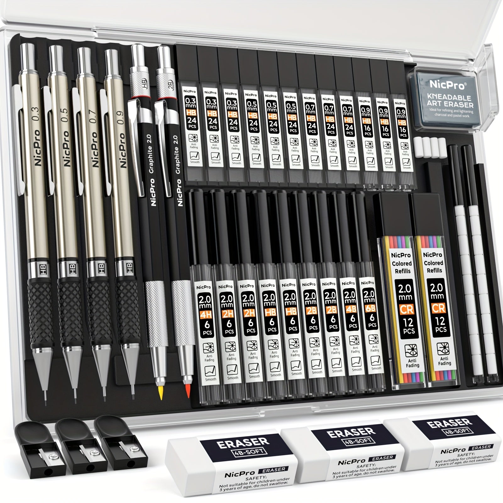 Nicpro 34-Piece Art Mechanical Pencil Set 6 Metal Drafting Pencils 0.5 0.7 0.9 2mm 19 Refill Leads 6B to H Erasers Storage Case Sketching Drawing Artists Students