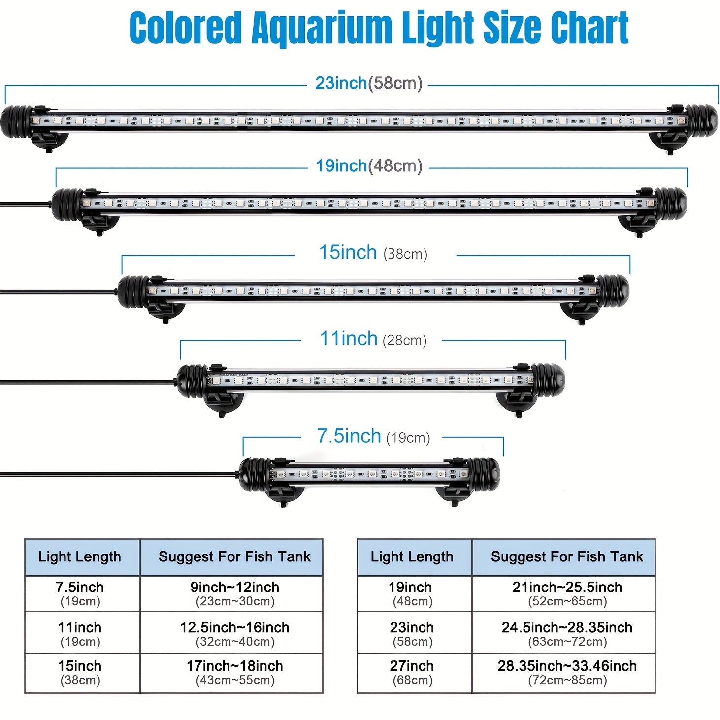 Submersible LED Aquarium Light Multicolor Underwater Fish Tank Light 7.5 to 35 Inch Multiple Sizes 9 to 66 LEDs for Freshwater Saltwater Aquarium Decoration Reef Planted Tank