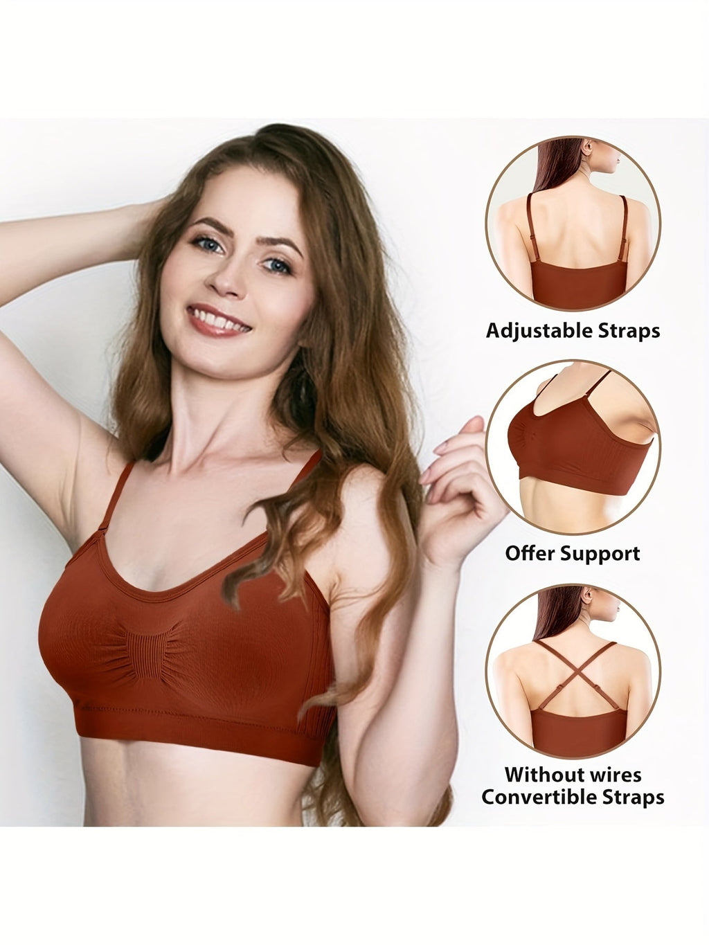 V-Neck Padded Bralette Cami Bra 4 Pack – Wireless Tank Top Sports Bra with Adjustable Straps for Women, Soft Padded Everyday Bralette Set, Sizes S-XL, Colors Rust, Beige, Green, Blue