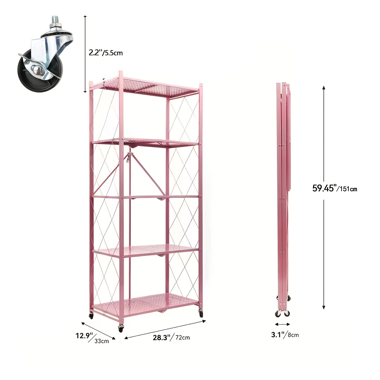 Heavy Duty Folding Storage Rack with Wheels – 3/4/5-Tier Portable Floor-Standing Shelf, No Assembly Required, for Home, Office, Bedroom & Dorm, 4 Colors Available